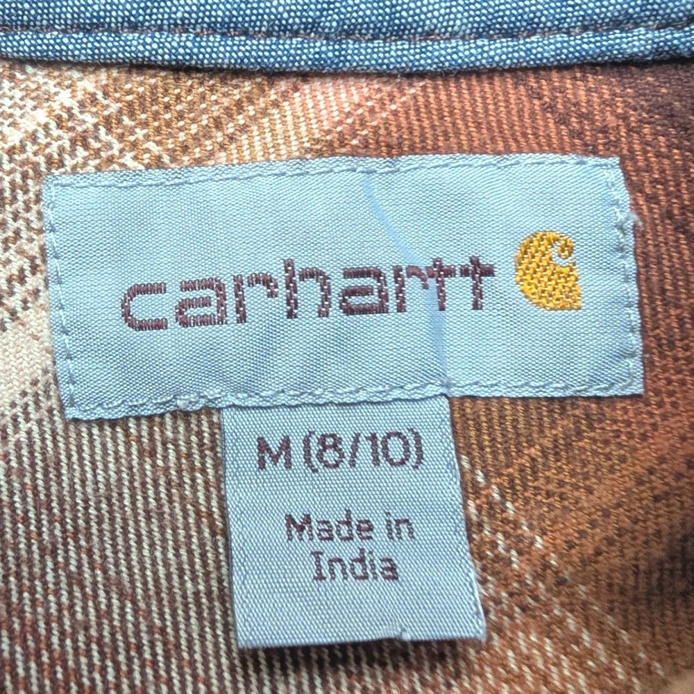 Carhartt Hooded Flannel Shirt Kids Medium 8/10 Brown Orange Plaid Button Up - Picture 3 of 7